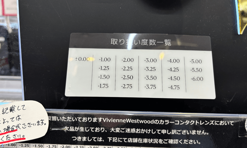 ヴィヴィアンカラコン 度数一覧 近視対応 ドンキ取り扱い度数表